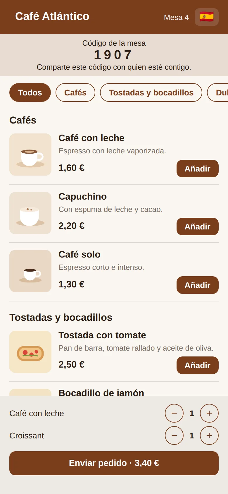 Carta digital de una cafetería en el móvil, con el pedido de la mesa 4 listo para enviar